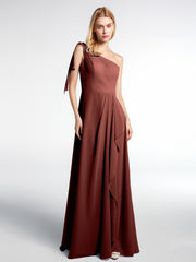 One Shoulder Chiffon Maxi Dress with Cascade-Terracotta