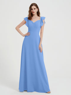 Sweetheart Flutter Sleeves Chiffon Dress Blue