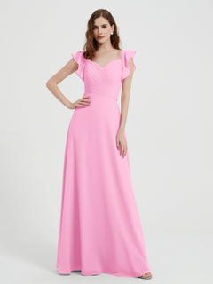 Sweetheart Flutter Sleeves Chiffon Dress Candy Pink
