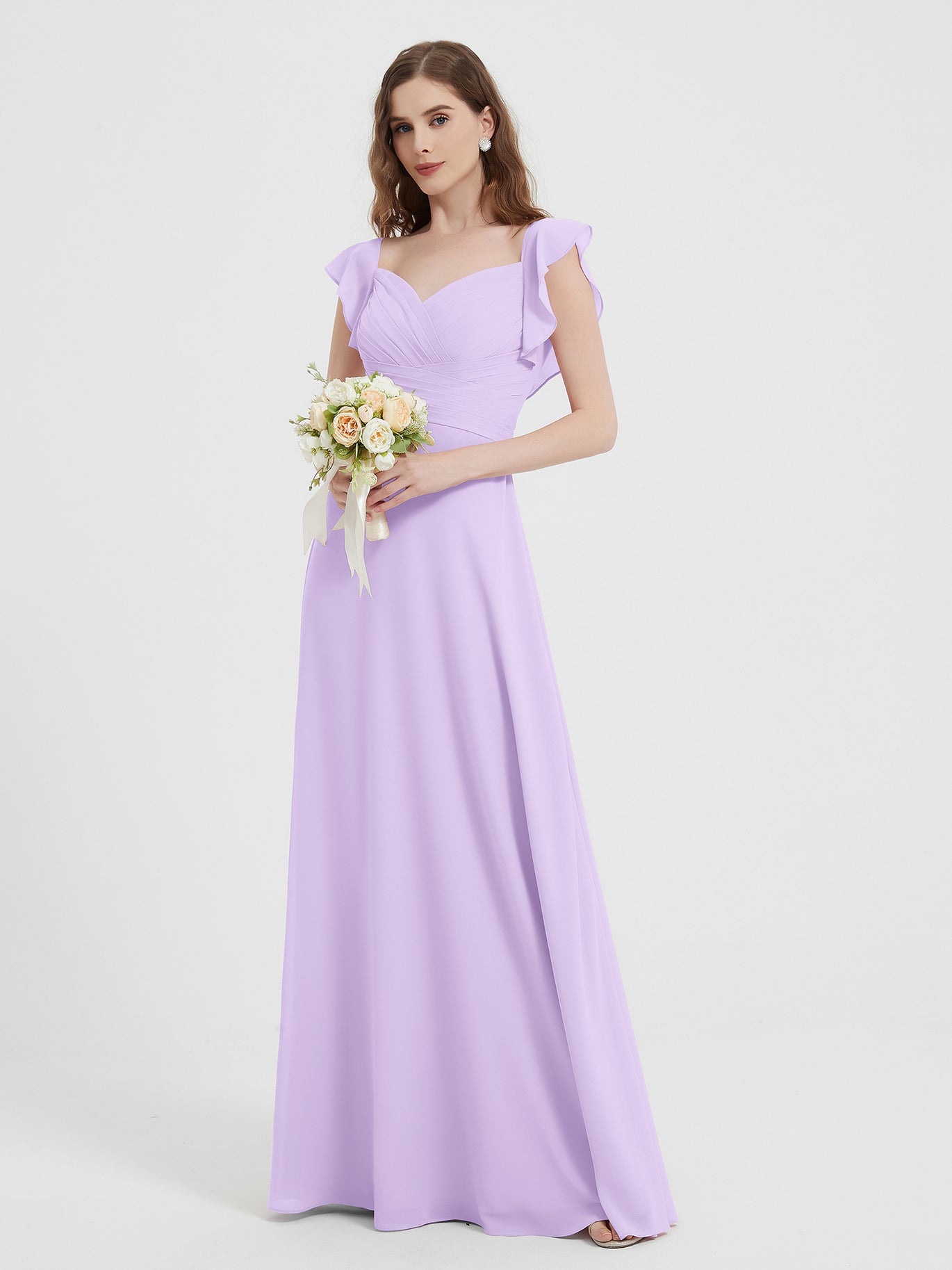 BABARONI Chiffon Lilac Bridesmaid Dresses Sweetheart Floor-length Flutter Sleeves Ruffle Pleated A-line, Lilac / US0
