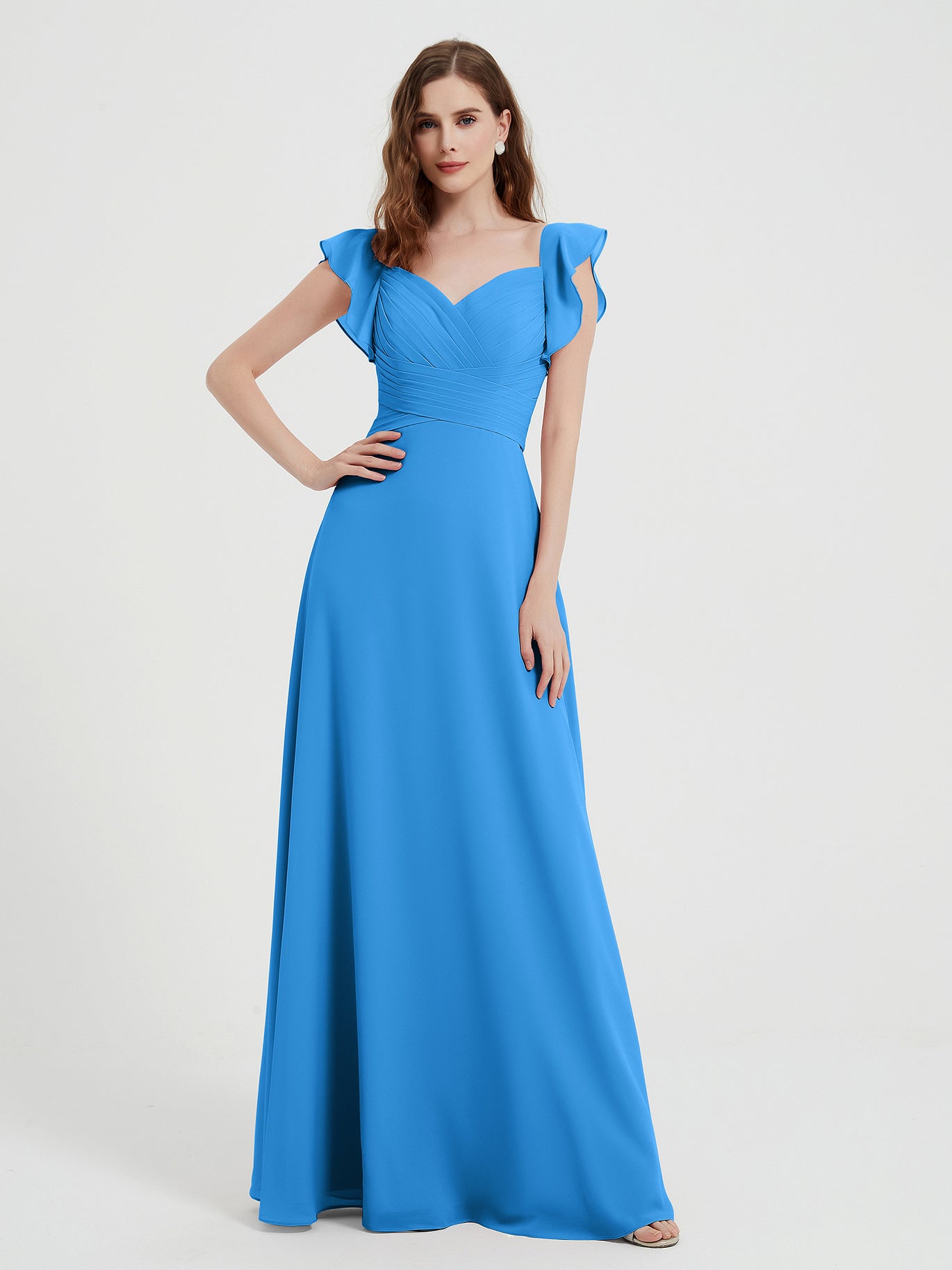 BABARONI Chiffon Ocean Blue Bridesmaid Dresses Sweetheart Floor-length  Flutter Sleeves Ruffle Pleated A-line