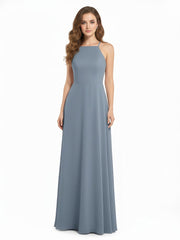 Low Back Simple Chiffon Birdesmaid Dresses-Dusty Blue