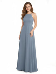 Low Back Simple Chiffon Birdesmaid Dresses-Dusty Blue