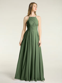 Low Back Simple Chiffon Birdesmaid Dresses-Olive Green