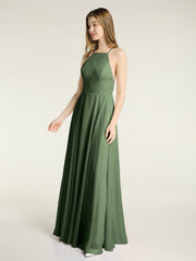 Low Back Simple Chiffon Birdesmaid Dresses-Olive Green