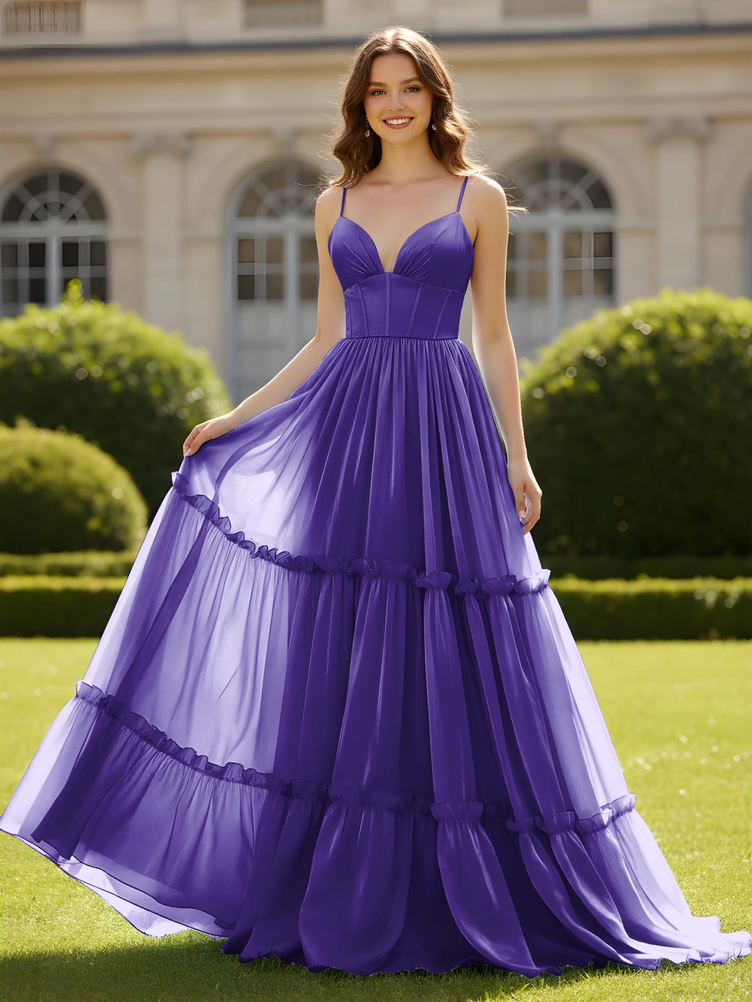 BABARONI Chiffon Regency Prom Dresses A-line V-neck Pleated Ruffle ...