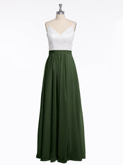 Ivory Lace Bodice Chiffon Skit Dresses with Slit-Olive Green
