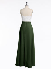 Ivory Lace Bodice Chiffon Skit Dresses with Slit-Olive Green