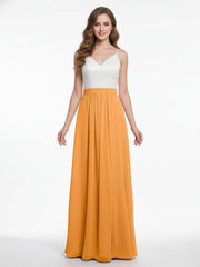 Ivory Lace Bodice Chiffon Skit Dresses with Slit-Tangerine