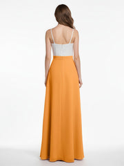Ivory Lace Bodice Chiffon Skit Dresses with Slit-Tangerine