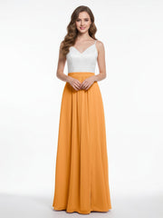 Ivory Lace Bodice Chiffon Skit Dresses with Slit-Tangerine