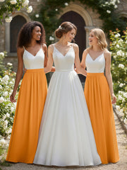 Ivory Lace Bodice Chiffon Skit Dresses with Slit-Tangerine