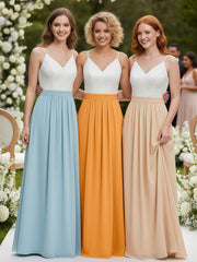 Ivory Lace Bodice Chiffon Skit Dresses with Slit-Tangerine