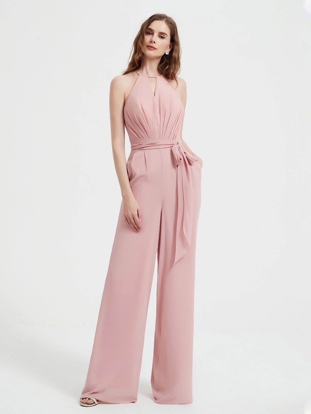 Halter Neckline Sleeveless Pleated Jumpsuit With Sash Dusty Rose – BABARONI