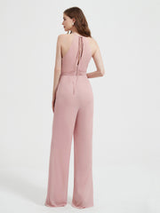 Halter Neckline Sleeveless Pleated Jumpsuit With Sash Dusty Rose