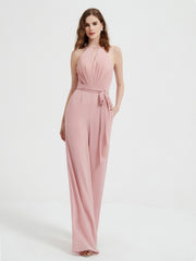 Halter Neckline Sleeveless Pleated Jumpsuit With Sash Dusty Rose