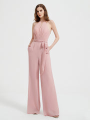 Halter Neckline Sleeveless Pleated Jumpsuit With Sash Dusty Rose