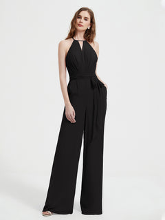 Halter Neckline Sleeveless Pleated Jumpsuit With Sash Black