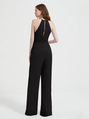 Halter Neckline Sleeveless Pleated Jumpsuit With Sash Black