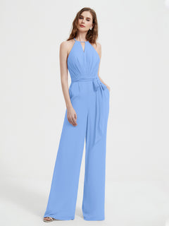 Halter Neckline Sleeveless Pleated Jumpsuit With Sash Blue Plus Size