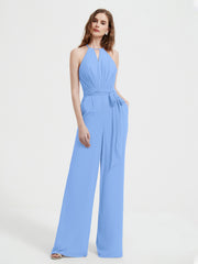 Halter Neckline Sleeveless Pleated Jumpsuit With Sash Blue