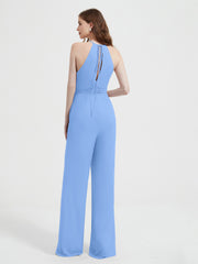 Halter Neckline Sleeveless Pleated Jumpsuit With Sash Blue