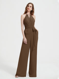 Halter Neckline Sleeveless Pleated Jumpsuit With Sash Brown Plus Size