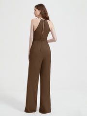 Halter Neckline Sleeveless Pleated Jumpsuit With Sash Brown Plus Size