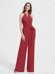Halter Neckline Sleeveless Pleated Jumpsuit With Sash Burgundy Plus Size
