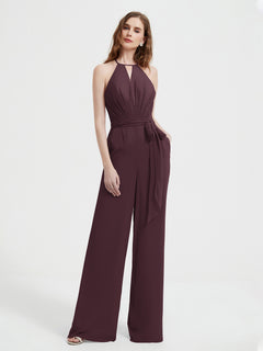 Halter Neckline Sleeveless Pleated Jumpsuit With Sash Cabernet Plus Size