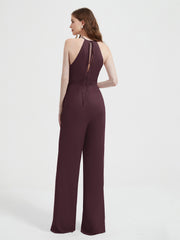 Halter Neckline Sleeveless Pleated Jumpsuit With Sash Cabernet Plus Size