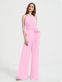 Halter Neckline Sleeveless Pleated Jumpsuit With Sash Candy Pink Plus Size