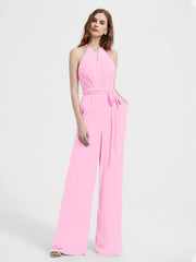 Halter Neckline Sleeveless Pleated Jumpsuit With Sash Candy Pink Plus Size