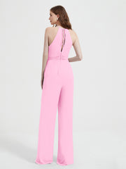 Halter Neckline Sleeveless Pleated Jumpsuit With Sash Candy Pink