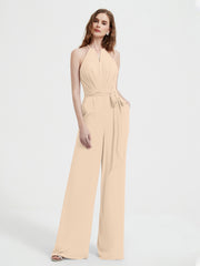 Halter Neckline Sleeveless Pleated Jumpsuit With Sash Champagne