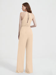 Halter Neckline Sleeveless Pleated Jumpsuit With Sash Champagne Plus Size