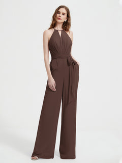 Halter Neckline Sleeveless Pleated Jumpsuit With Sash Chocolate