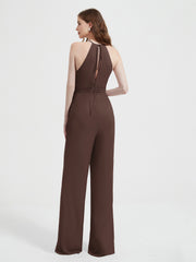 Halter Neckline Sleeveless Pleated Jumpsuit With Sash Chocolate