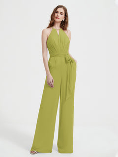 Halter Neckline Sleeveless Pleated Jumpsuit With Sash Clover Plus Size