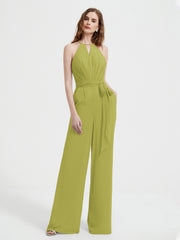 Halter Neckline Sleeveless Pleated Jumpsuit With Sash Clover Plus Size