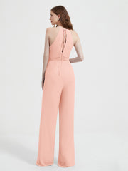 Halter Neckline Sleeveless Pleated Jumpsuit With Sash Coral Plus Size