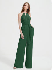Halter Neckline Sleeveless Pleated Jumpsuit With Sash Dark Green