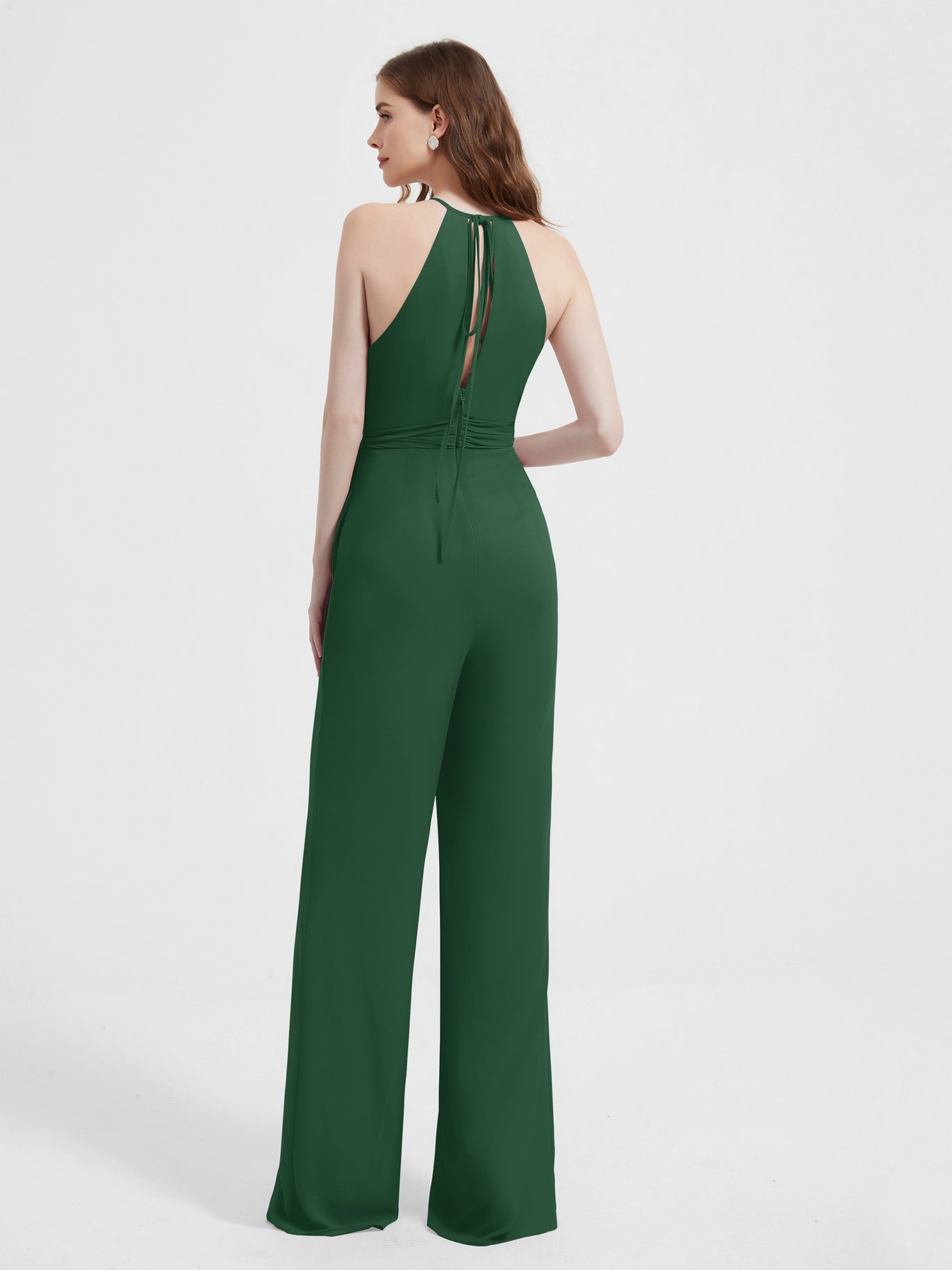 Halter Neckline Sleeveless Pleated Jumpsuit With Sash Dark Green