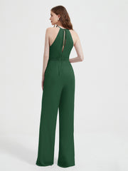 Halter Neckline Sleeveless Pleated Jumpsuit With Sash Dark Green