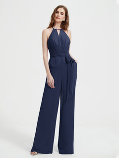 Halter Neckline Sleeveless Pleated Jumpsuit With Sash Dark Navy Plus Size