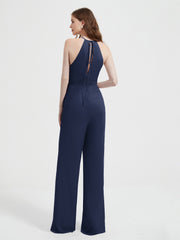 Halter Neckline Sleeveless Pleated Jumpsuit With Sash Dark Navy Plus Size