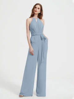 Halter Neckline Sleeveless Pleated Jumpsuit With Sash Dusty Blue