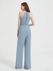 Halter Neckline Sleeveless Pleated Jumpsuit With Sash Dusty Blue Plus Size
