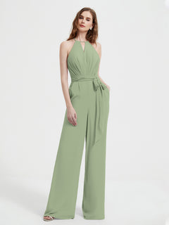 Halter Neckline Sleeveless Pleated Jumpsuit With Sash Dusty Sage Plus Size