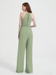 Halter Neckline Sleeveless Pleated Jumpsuit With Sash Dusty Sage Plus Size